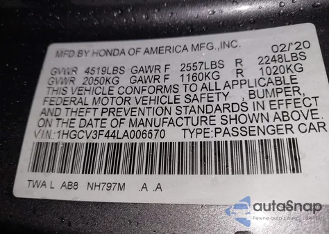 2020 Honda Accord Hybrid Ex from USA, damaged, VIN 1HGCV3F44LA006670